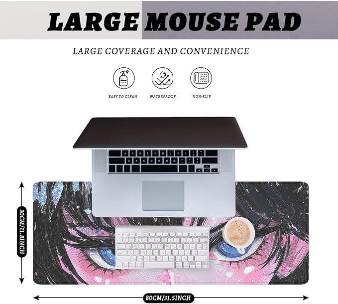 Anime Eyes Desk Pad Mouse Pad Blue Sparkle Oil Brush Art Extended Gaming Mousepad Mat with Stitched Edge Non-Slip Base Big Mousepad Office Home Decor for Women Girl 31.5"x11.8"