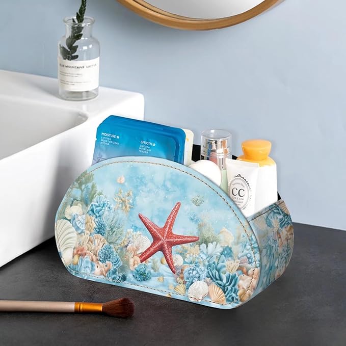 Forchrinse Hawaii Starfish Remote Control Holder Modern Leather TV Remote Caddy for Table Desktop Organizer with 5 Compartment for Office Supplies,Home