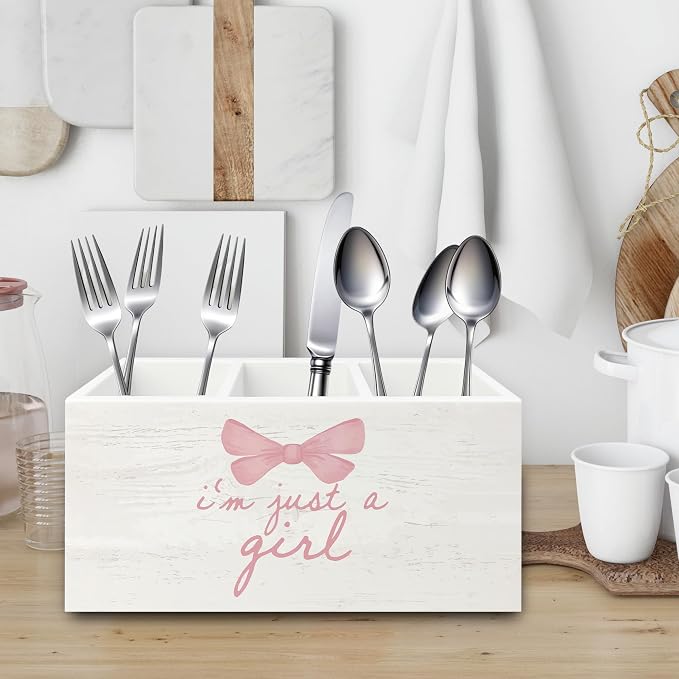 Pink Coquette Bow Preppy Pen Pencil Holder Organizer for Desk, Preppy Desk Decor, I'm Just a Girl Pink Wooden Box Sign for Girly Room Bedroom Dorm Tabletop Decorations