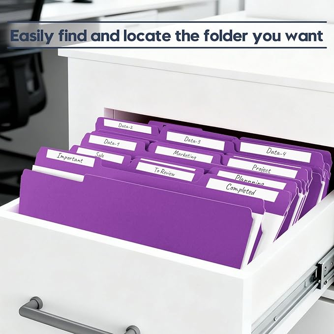 File Folders,Colored File Folders Letter Size 8.5" x 11",150 Pack 1/3 Cut Tab Bulk Folders,Durable Paper Folders with Blank Labels for Office Business School Home Use,Vivid Purple