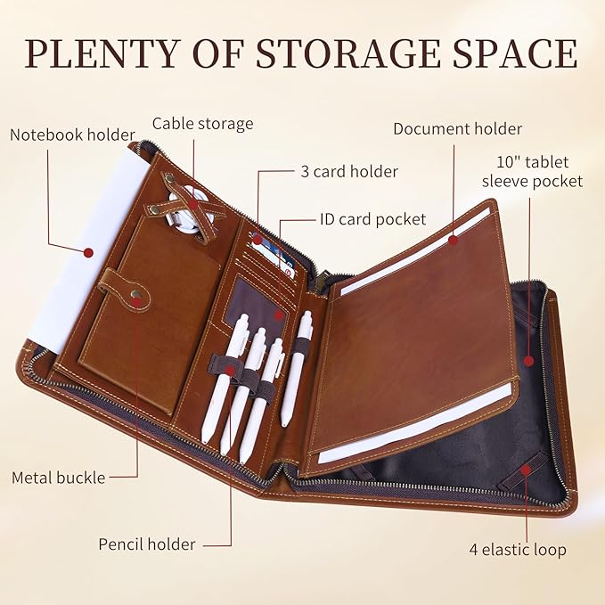 Genuine Leather Professioal Business Portfolio Padfolio Folder with Zipper, Conference Meeting Executive File Legal Document Organizer for Men, Work Portfolio for Meeting and Travel—Brown