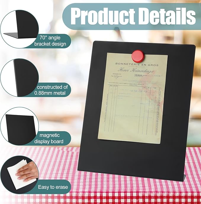 Fainne 8 Pcs Magnetic Bulletin Board with Easel Stand Mini Black Magnet Metal Tabletop Memo Display Board for Back to School Menu Table Office Supplies (11 x 8.5 Inches)