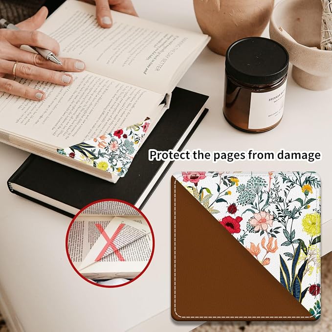 Cute Leather Bookmarks, Fun Triangle Making Corner Bookmark, Book Accessories for Reading Book Lovers, Unbreakable Page Markers for Women Men Colorful Cute Flower