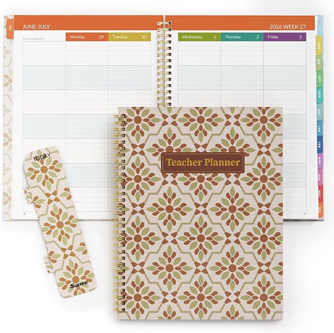 SUNEE Teacher Planner 2026-2027 Academic Year, 7 Periods Lesson Plan Book Jul 2026 - Jun 2027, 8.5"x11" Weekly Monthly Organizers Vertical Layout with Calendar, Bookmark, Waterproof Cover,Retro Floral
