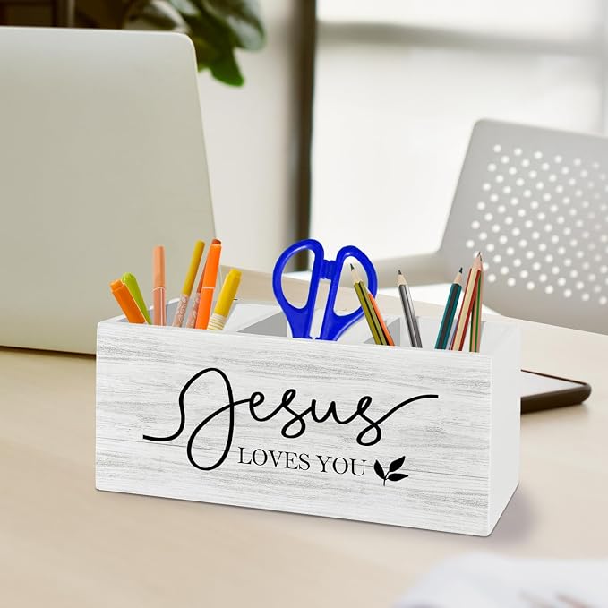 Christian Jesus Loves You Pen Pencil Holder Organizer for Desk Accessories, Religious Bible Verse Wooden Box Sign Desk Decor for Home Office Decoration, Christian Gifts for Women Men