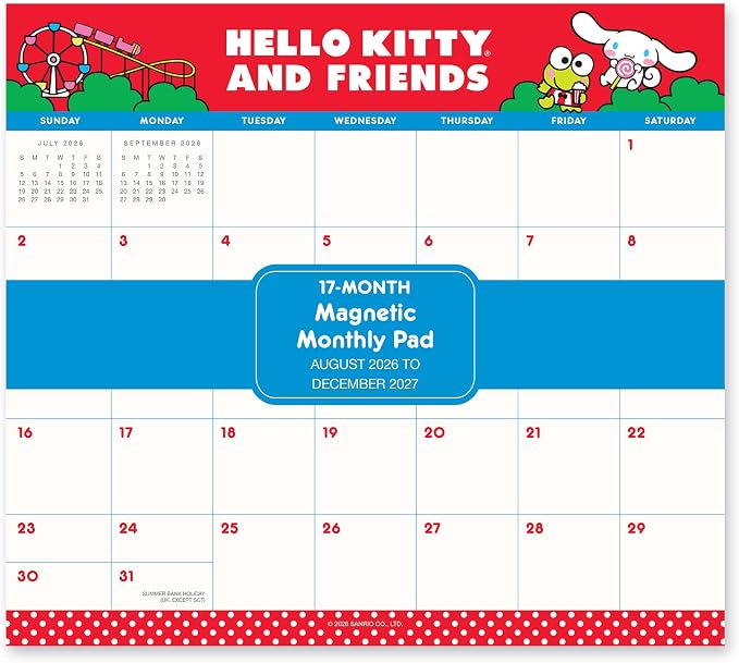 Orange Circle Studio 2027 Hello Kitty and Friends Magnetic Monthly Calendar Pad, 17-Month Full Color Character Calendar for Office Desk & Refrigerator, Wall Planner, 9.6" x 8.5", Tear-Off Pages Sheets