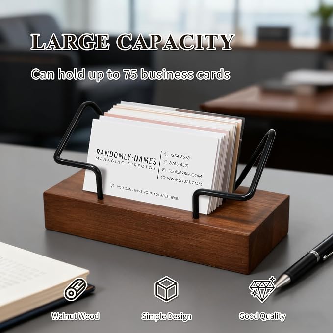 2 Pack Wood Business Card Holder for Desk, Wooden Business Name Card Display Stand Postcard Holder for Office Home Desktop,Desk Accessory Business Name Card Organizer(Walnut Color, Black)
