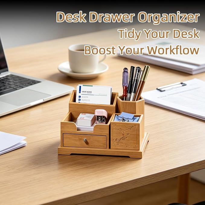 Bamboo Desk Organizer with Drawer, Pen Holder & Business Card Slot, Multi-Compartment Storage Caddy for Office & Home Office, Ideal for Pens, Sticky Notes, Clips, (Bamboo natural)