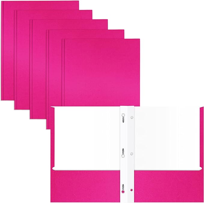 2 Pocket Portfolio Folders with Prongs (Metal Fastener Clips), 25 Pack, Cool Trendy Colors, Fits Letter Size Paper, for School, Office, Home, Matte Finish (Hot Pink)