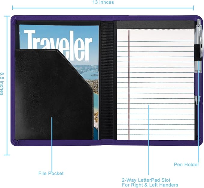 Padfolio/Portfolio Binder, Mini Padfolio Portfolio Binder 5 x 8 Legal Writing Pad, A5 Document Organizer Folder for Men Women. Dark Purple.