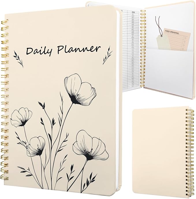 Undated Daily Planner - Spiral Notebook 80 Days One Day Per Page, Hourly Schedule, To-Do List, Notes, Everyday Planning Task, A5 Hardcover Journal Organizer Book Women Cute, White Flower