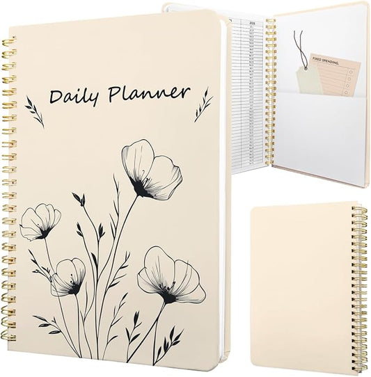 Undated Daily Planner - Spiral Notebook 80 Days One Day Per Page, Hourly Schedule, To-Do List, Notes, Everyday Planning Task, A5 Hardcover Journal Organizer Book Women Cute, White Flower