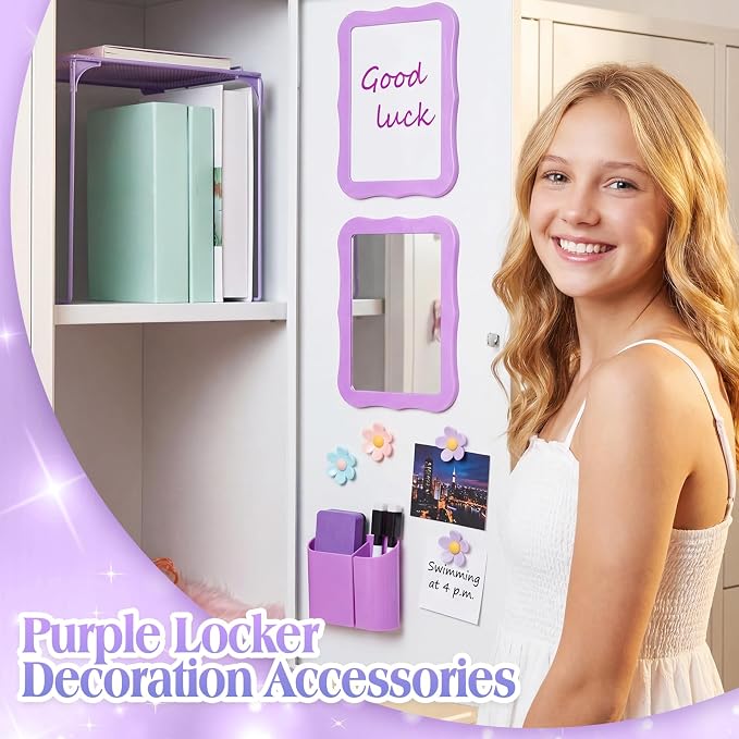 Colarr 16 Pcs Purple Locker Accessories for Girls Includes Magnetic Whiteboard & Mirror Locker Shelf Pen Holder 2 Dry Erase Marker & Eraser 9 Flowers for Back to School Essentials Decoration