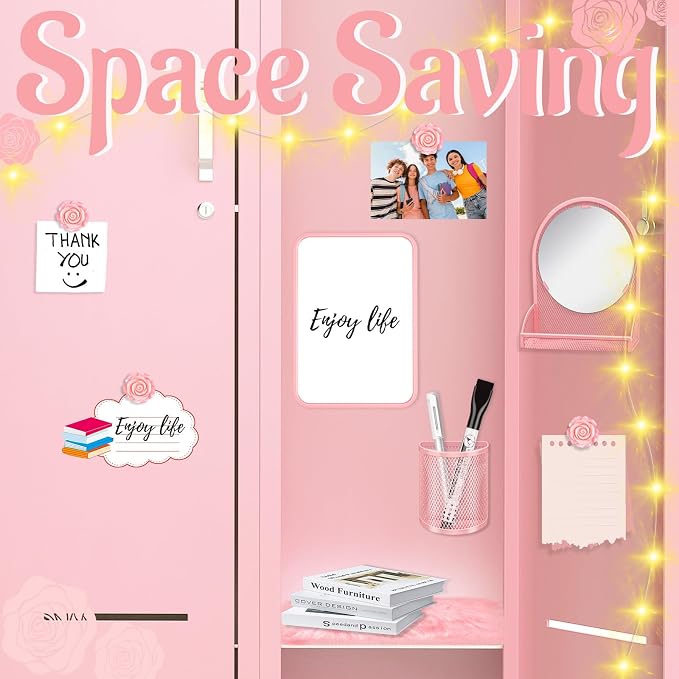 8 Pcs Locker Accessories Kit, Back to School Essentials, Pink Magnetic Mirror, Magnetic Pen Holders, Cute Flower Magnets, Pink Locker Decorations for School Locker Organizing Supplies