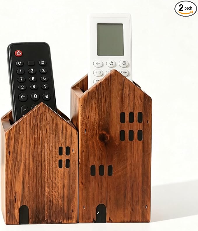 DAWASAPAT Rustic Wooden House Remote Control Holder/Remote Caddy & Desktop Organizer for TV Remotes, Stationery, Pencils, and Glasses set of 2
