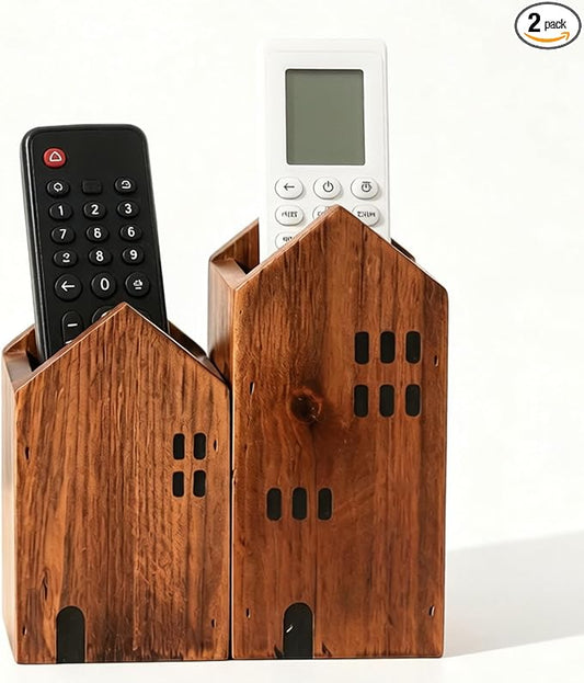 DAWASAPAT Rustic Wooden House Remote Control Holder/Remote Caddy & Desktop Organizer for TV Remotes, Stationery, Pencils, and Glasses set of 2