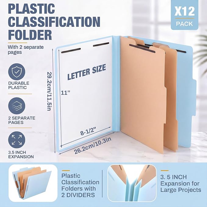 12 Pack Plastic Classification Folders with 2 Dividers & Fasteners, Heavy Duty 3.5” Expansion Letter Size File Folders for Law Client Files, Medical Records & Office Reports(Light Blue)