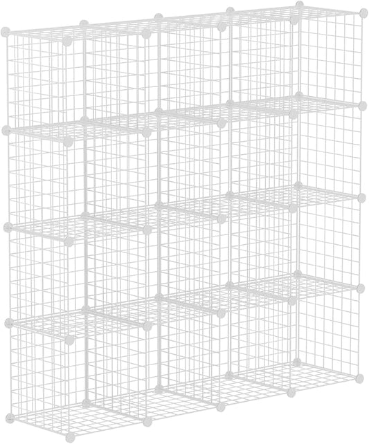 HUBSON Wire Cube Storage Organizer, Book/Toy/Craft/Potted Plants and Pet Closet Organizers, 16-Cube Freely Combinable Metal Grid Storage Shelf, White Iron