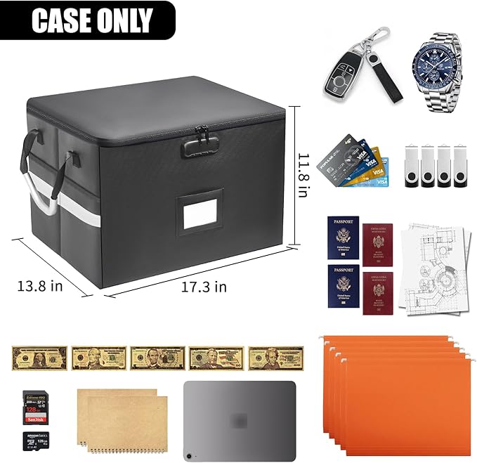 6200°F Upgraded Fireproof Document Box with 10-Layer Heat Decay Structure for Letter Legal Folders Home Office and Business Travel, 60L Portable Organizer with 3 Rails and Lock