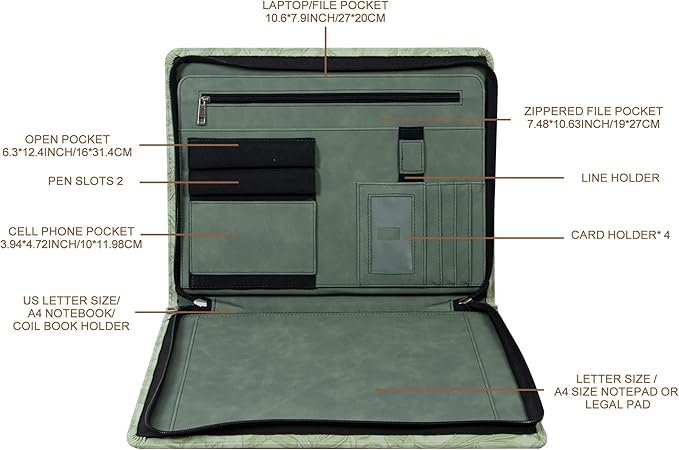 AZXCG Leather Portfolio with Zipper, Embossed Leather Padfolio for Women, Professional Business Portfolio Organizer fits 13" Tablet, Writing Pad Holder, Gifts for Women/Men, Valentine's Day Gift