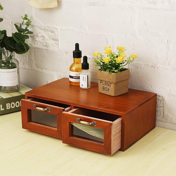 2-Drawer Desk Organizer Tabletop Storage Organization Box with Vintage Metal Label Drawer Pulls Office Supplies Storage & Desk Accessories