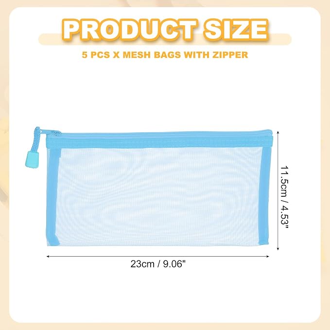 PATIKIL B6 Mesh Zipper Pouch Bags, 5 PCS Mesh Bags with Zipper Plastic Storage Pocket for Organizing File Beads Office Home Supplies, 11.5x23cm, Sky Blue