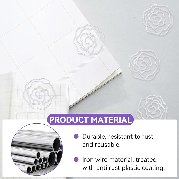 Flower Shaped Paper Clips, 100PCS Floral Paper Clips White Rose Shape Paperclips Decorative Paperclips Bookmarks with Box for Office Home School Supplies