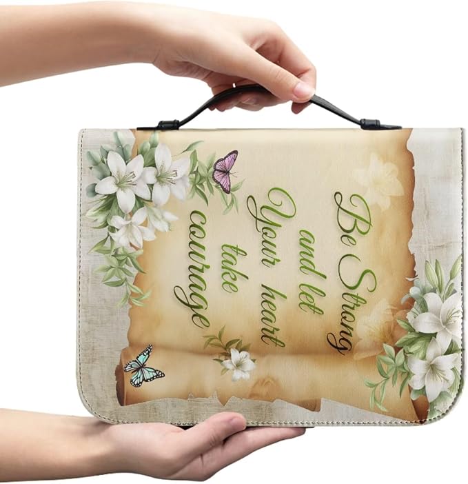 Vintage Lily and Cross Bible Case with Bookmark Waterproof Bible Cover Case for Women Lightweight Bible Bag with Handle Pockets Church Book Bag Beige