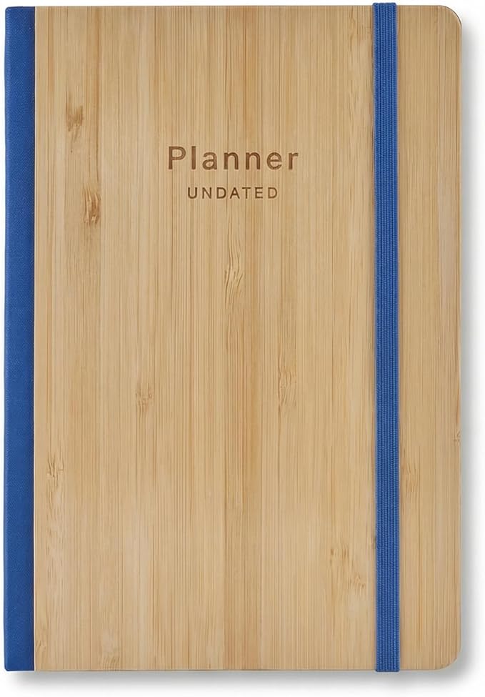 AuroPlanner Bamboo Cover Undated Portable Planner Notebook – Daily, Weekly & Monthly Organizer, Lay-Flat A5 (5.7” × 8.3”), 100 GSM Paper, 160 Pages, 4-Month Layout (Blue)