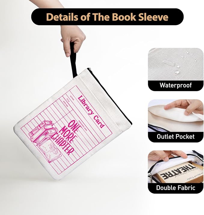 One More Chapter Pink Decor Book Sleeve for Women Teen Girls, Vintage Library Card Book Cover for Librarian Book Lovers Friends with Zipper & Handle, Reading Day Gifts for Book Club Bookworm