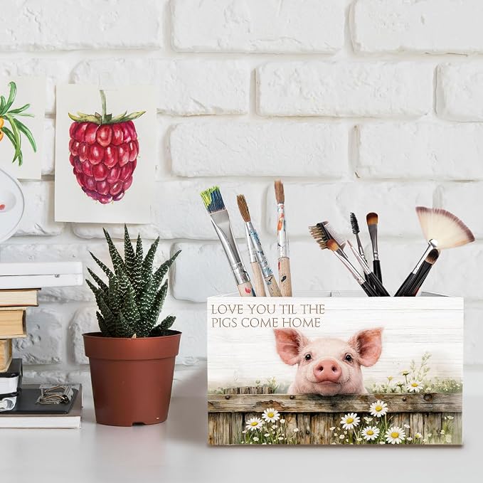 Farmhouse Daisy Floral Pig Pen Holder for Desk, Pig Lover Gifts Pencil Organizer, Love You Til the Pigs Come Home Wooden Box Sign Desk Decor for Kids Girls Room Nursery Decoration