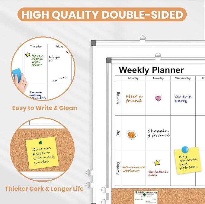 Weekly Dry Erase Calendar Whiteboard for Wall, 24" x 18" Double-Sided Weekly Planner White Board Cork Combo, Hanging & Wall Mount Week Bulletin Board with Notes for Home, Office, School, Kitchen