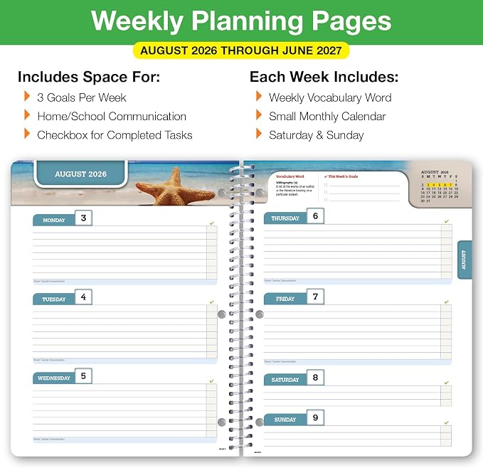Global Datebooks 2026-2027 Middle & High School Student Planner 8.5" x 11" - Dated Weekly & Monthly Academic Planner with Ruler/Bookmark & Stickers, Ideal for Homework, Block Style, Neon Numbers