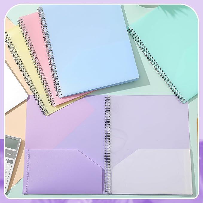 Seajan 6 Pcs 10 Pocket Folder Pastel Sturdy Plastic Spiral Portfolio Multi Pocket Folder Pink Purple Organizer Document Folders Plastic Spiral Project Organizer for School Office