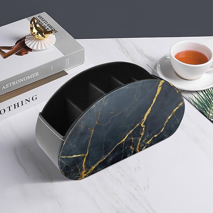 Polished Black Marble with Golden Veins Remote Control Holder with 5 Compartments Leather TV Remote Caddy Remote Storage Box Desktop Organizer for Pen/TV Remotes/Media Controllers/Office Supplies