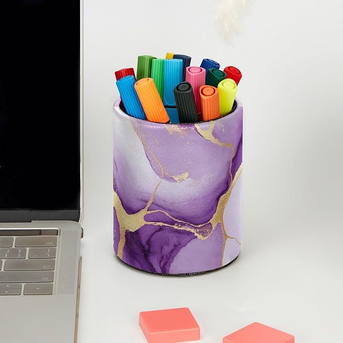 Leather Pen Holder for Desk, Purple Marble Makeup Brushes Holder Pencil Cup Multifunctional Desktop Organizer Caddy for Home School Office Desk Accessories