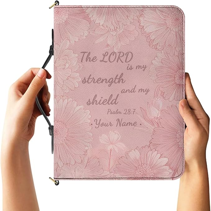 Custom Bible Covers for Women, Personalized Bible Tote Bage with Name, Psalm 28:7 Print PU Leather Biblia Organizer with Strap Handle Inner Pockets and Pen Loop, Church Bags for Women