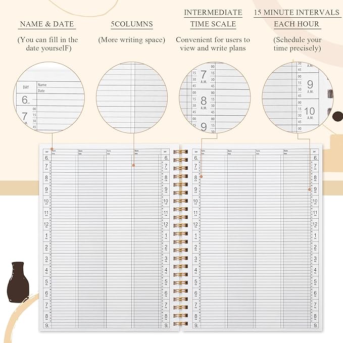 Maitys 2026-2027 4 Column Salon Appointment Book for Hairstylist Spa Business, Hourly Planner 15 Minute Interval, 200 Pages Undated 6 Am 9 Pm Spiral Bound Checklist Planner(Beige, Minimalist)