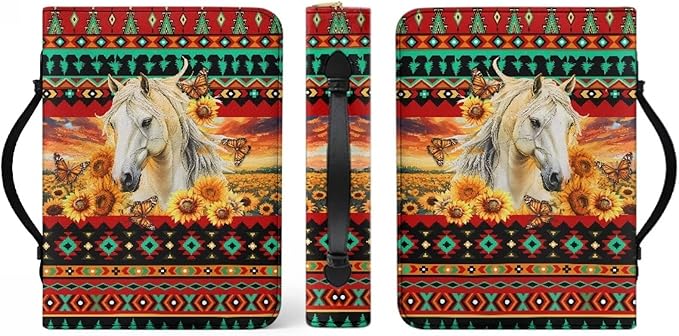 Leather Bible Covers for Women Small Bible Case Bible Bag Tote with Leather Bookmark,Aztec Boho Horse