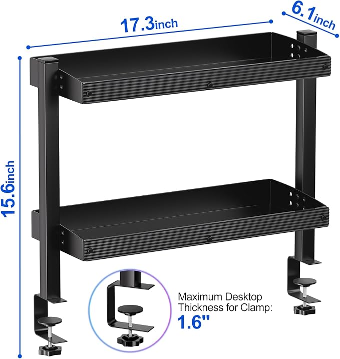 2-Tier Clamp On Desk Shelf, 17 inch Adjustable Desk Organizer with Hooks, Heavy Duty Desk Storage Shelves Holds 44 lbs, No Drill Desktop Shelf for Home Office, Gaming & Desk Accessories