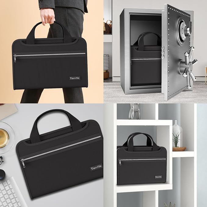 Tamfile Fireproof Accordion File Organizer with Handle, 13 Pocket Expanding File Folder with Zipper & Labels, File Folder with 3 Ring Binder, Multi Pockets Paper Organizer Folder for Letter A4 Files