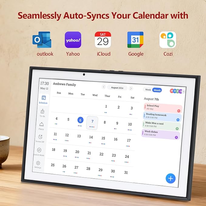 Digital Calendar 10.1 Inch Smart Electronic Planner, IPS Touch Screen, 32GB, Electronic Slideshow, Wall-mounted with Third-Party Calendar Sync, Chore Tracker, Meal Plan & Photo Display, Gifs for Mom