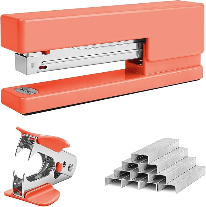Stapler 25 Sheet Capacity with 830 Staples and Staple Remover, Full Strip Staplers for Desk, No Jam, Non-Slip for Office & School, Orange