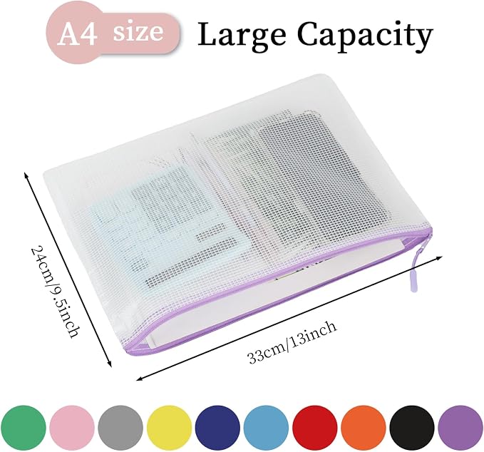 Multibey 10 Pack 10 Colors Mesh Zipper Pouch Bags, A4 13 x 9.5 inch Waterproof Zipper Pouches for Organizing, Reusable Document Bags for Office Supplies, Puzzle & Board Game Storage
