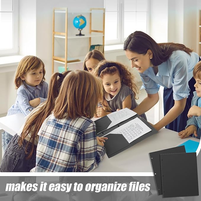 Yeaqee 100 Pcs Plastic Folders with Pockets Bulk 3 Hole Punched 2 Pocket File Folders for 3 Ring Binder Divider Folder for Notebooks, Durable Poly for Office Home (Black)