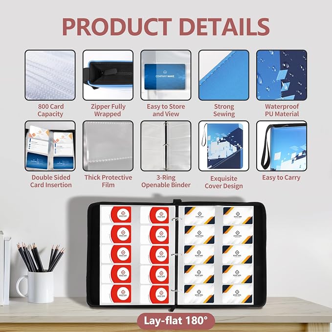 Leather Business Card Book Holder Organizer, Professional Name Card Book Holder with 800 Card Slots Capacity Booklet, Portable PU Credit Card Binder File Sleeve Storage for Men Women,40 Pack Sleeves