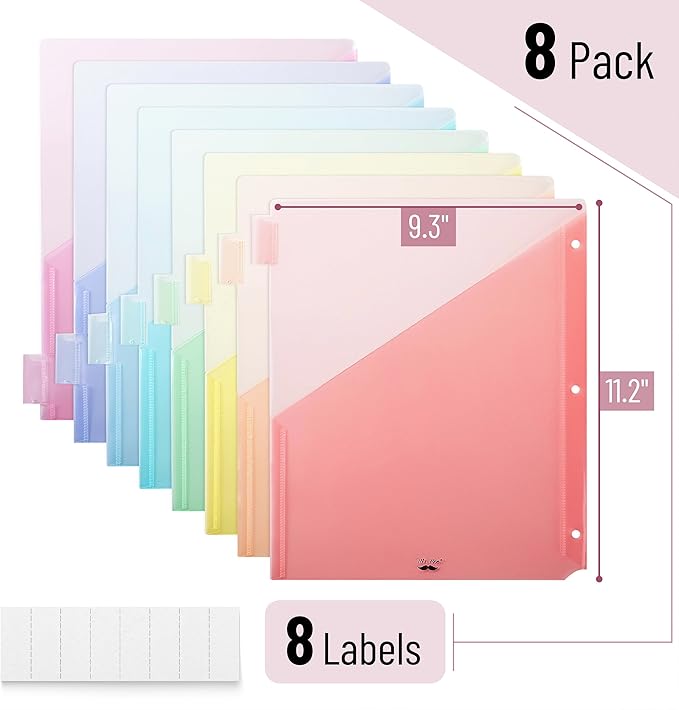 Mr. Pen Binder Dividers with 8-Tab, Pastel Colors, 3 Ring Binder with Tabs and Pockets (Pack of 2)