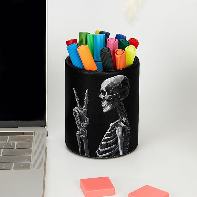 Cool Skeleton Leather Pen Holder for Desk, Multifunctional Desktop Organizer Pencil Cup, Desktop Caddy Stationery Organizer for School Home Office Desk Accessories
