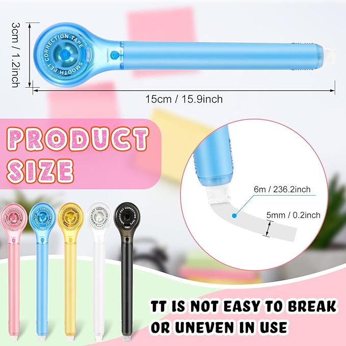 Gersoniel 5 Pack Correction Tape Pen Correctional Ink Tape Push Pull Protective, Easy to Use Applicator for School Office Supplies, 0.2 x 236 Inch (Bright Colors)
