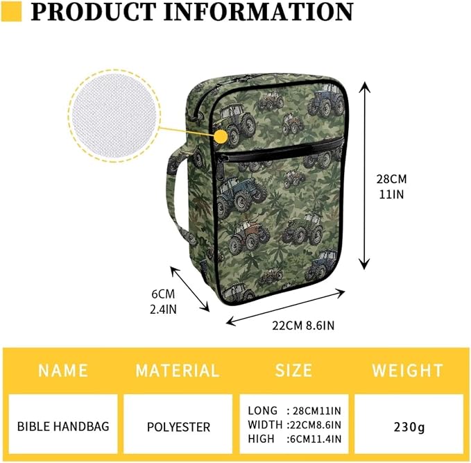 Coldinair Tractor Camo Jungle Large Bible Cover with Handle and Bookmark Bible Carrying Book Case for Women Protective Church Bag